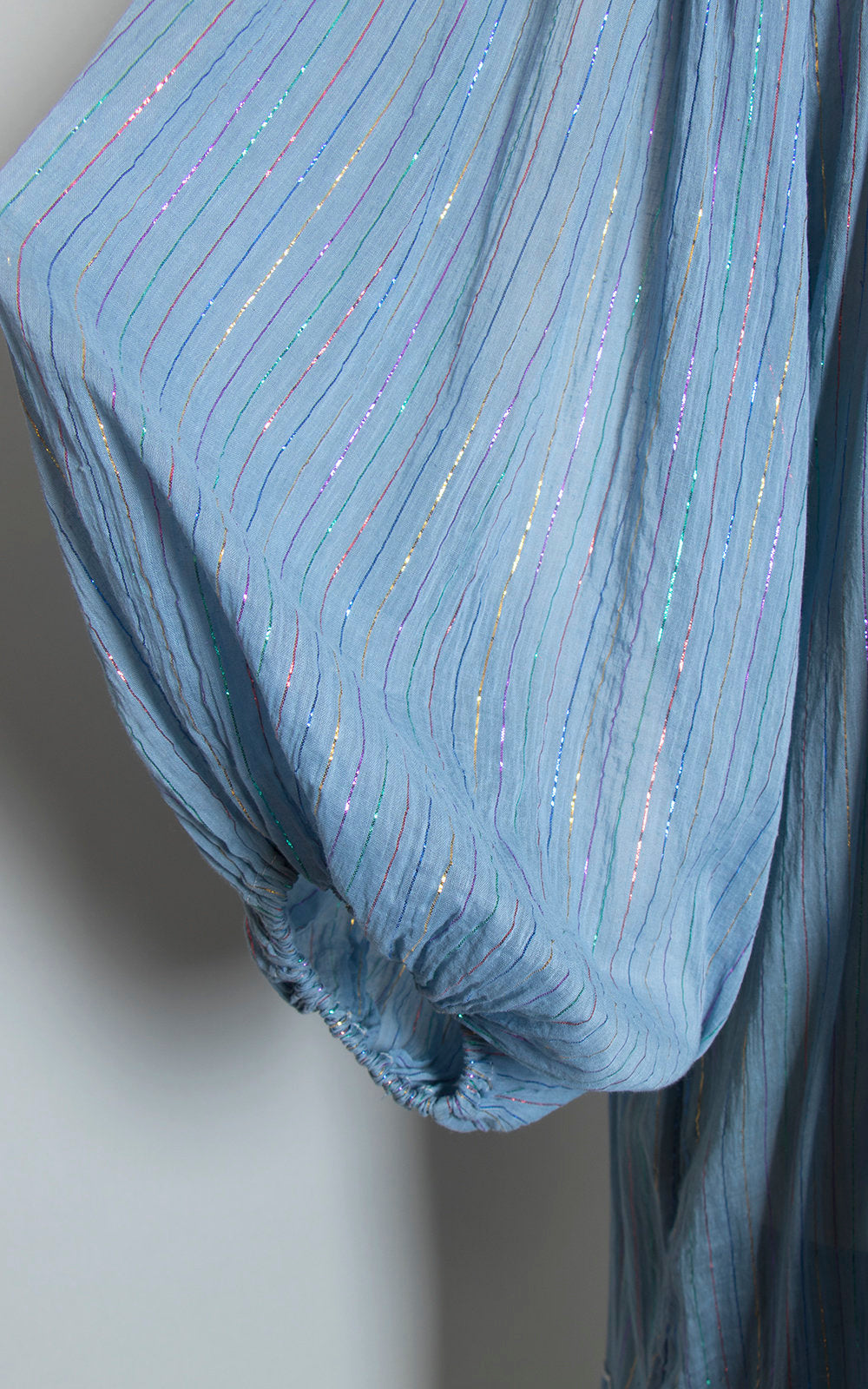 Vintage 1970s Dress | 70s KAISER India Cotton Gauze Metallic Striped Light Blue Sheer Long Sleeve Boho Dress (small/medium/large)