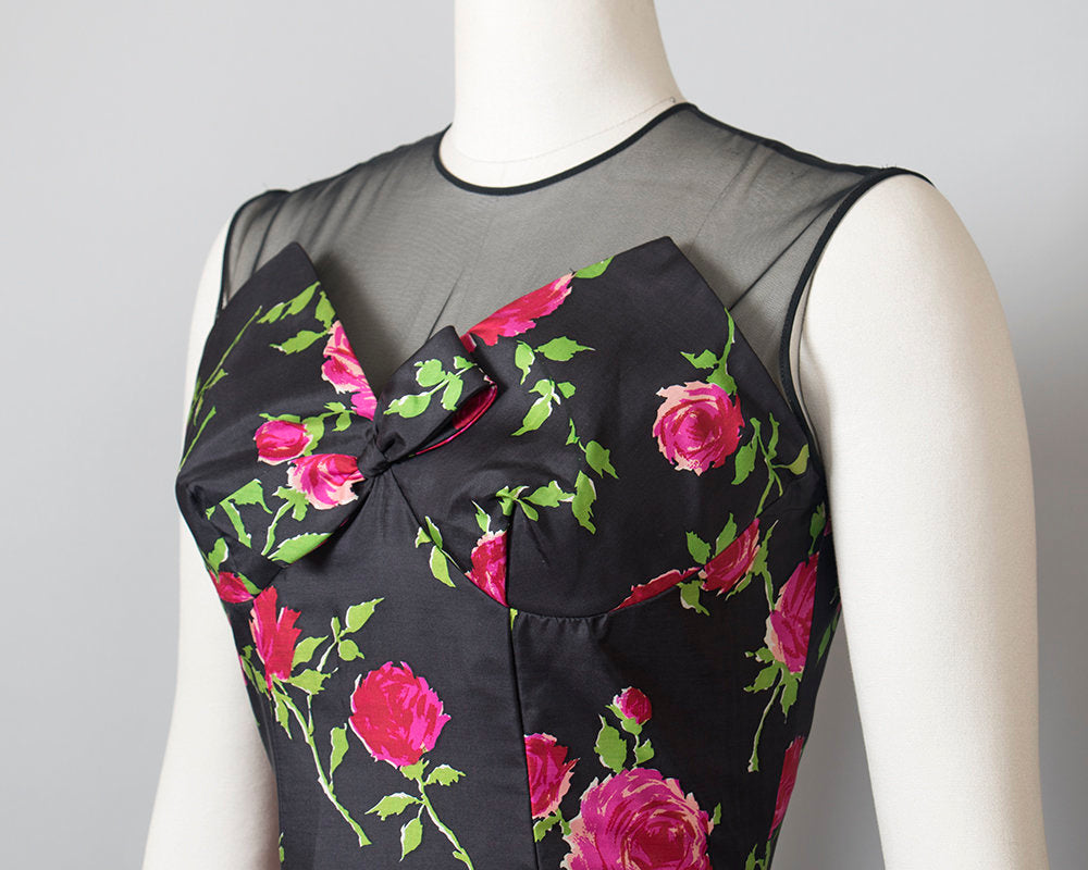 Vintage 1950s Dress | 50s Silk Rose Floral Print Sheer Mesh Cocktail Dress Black Pink Red Wiggle Party Dress (medium)