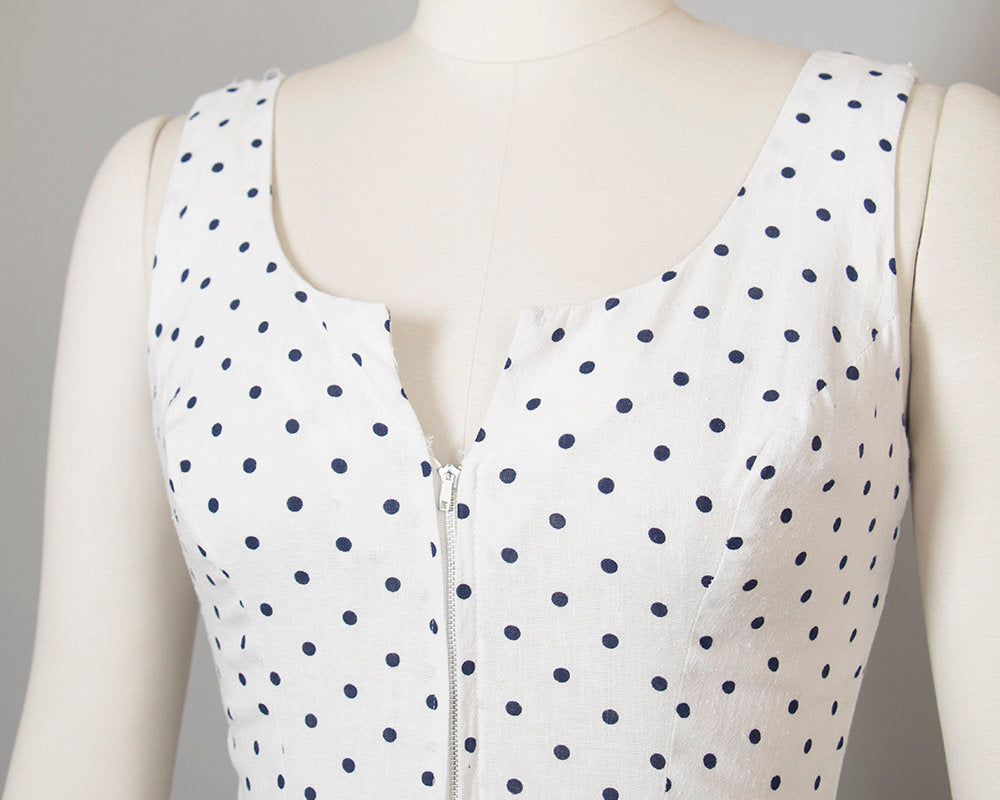 Vintage 1950s Dress | 50s Polka Dot Linen Sundress White Zip Front Bombshell Wiggle Day Dress (medium)