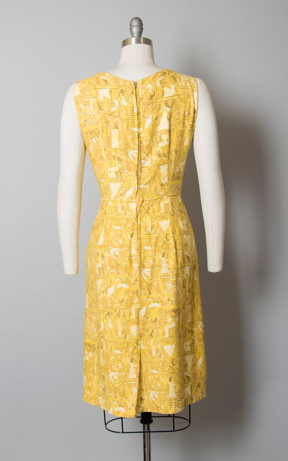 Vintage 1950s 1960s Dress | 50s 60s Egyptian Novelty Print Cotton Sheath Sundress Yellow Wiggle Day Dress (medium)