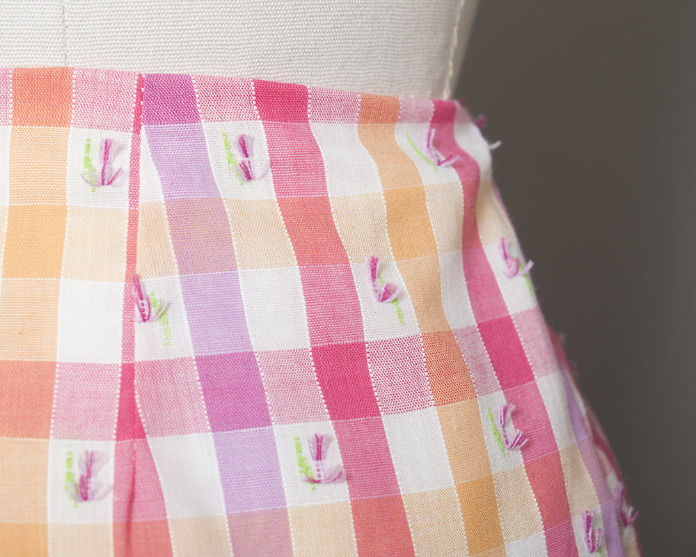 Vintage 1960s Bikini | 60s Plaid Floral Cotton Playsuit Two Piece Bra Shorts Swimsuit Pink Purple Orange Bathing Suit (medium)