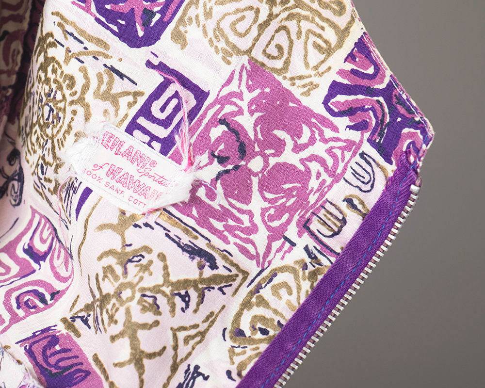 Vintage 1950s Dress | 50s Hawaiian Cotton Sun Dress Tiki Print Sundress Purple Metallic Gold Spaghetti Strap Full Skirt Day Dress (small)