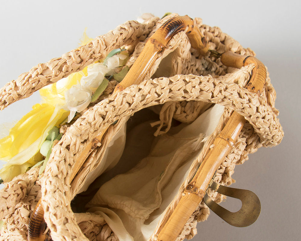 Vintage 1960s Purse | 60s Floral Woven Straw Handbag Bamboo 3D Flowers Doctors Bag
