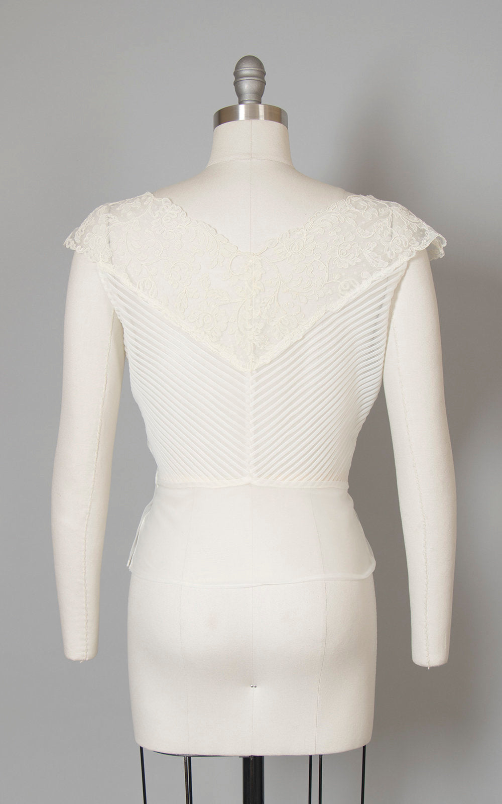 Vintage 1950s Blouse | 50s Sheer Cream Nylon Soutache Lace Chevron Pintuck Top (medium)