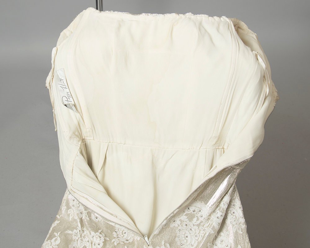 Vintage 1950s Dress | 50s PEGGY HUNT Cocktail Dress White Lace Metallic Silver Lamé Rhinestones Wiggle Party Wedding Dress (x-small)