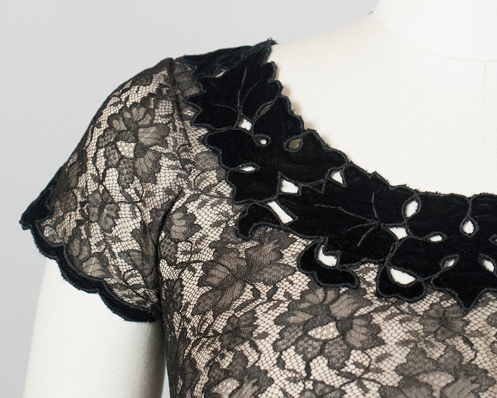 Vintage 1950s Blouse | 50s Black Lace Sheer Nude Illusion Top w/ Cutout Velvet Leaves (small)