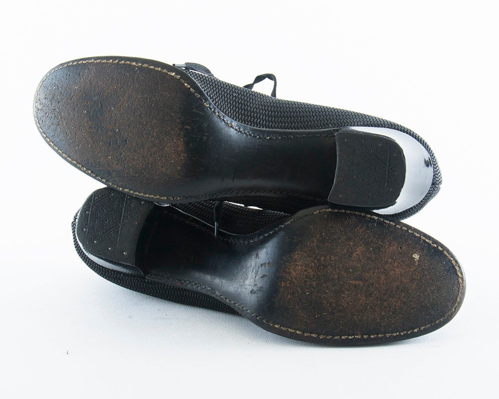 Vintage 1940s Shoes | 40s Black Sheer Mesh Patent Leather Lace Up Oxford Heels (US 6)