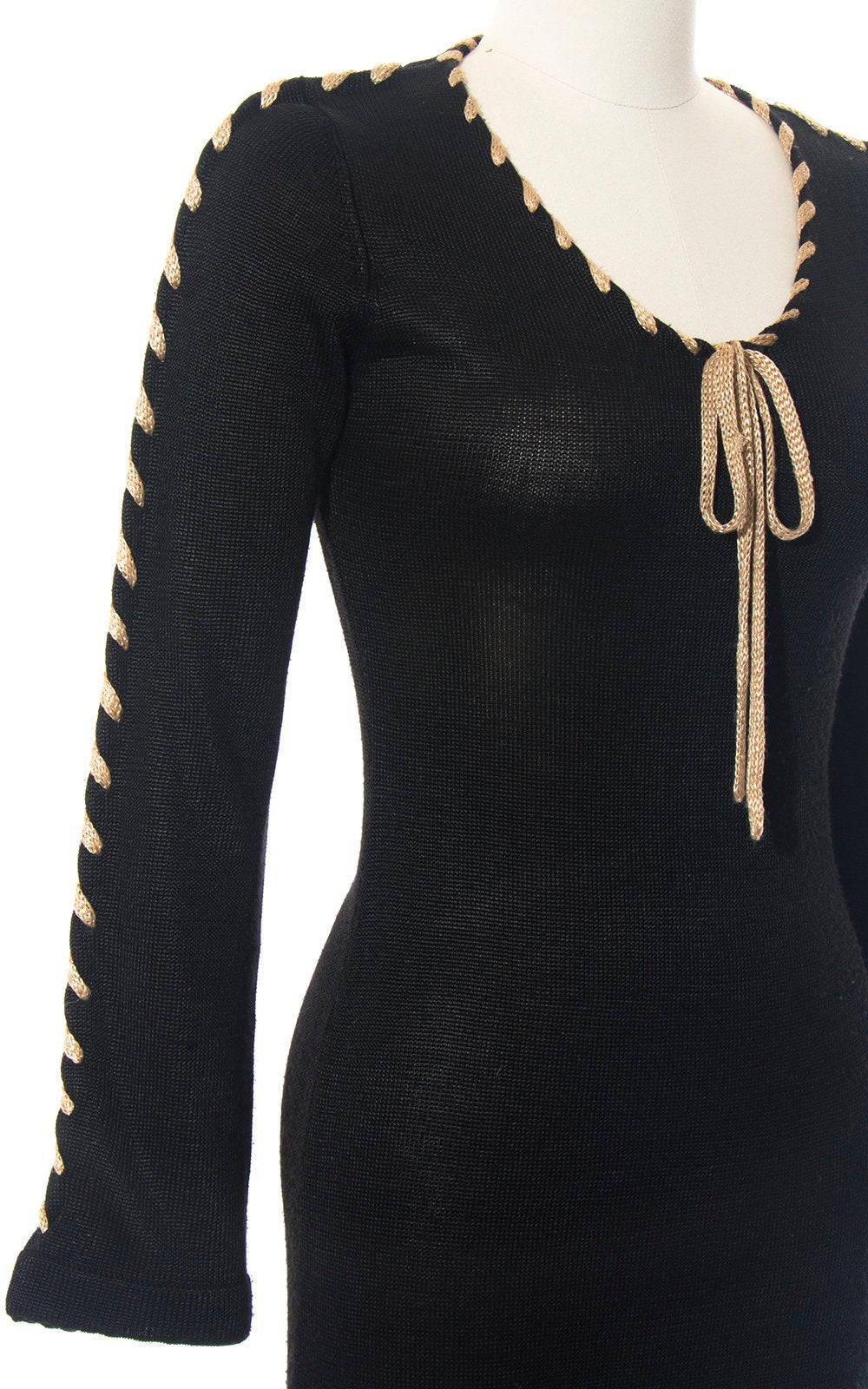 Vintage 1970s Sweater Dress | 70s Black Knit Rayon Acrylic Laced Up Long Sleeve Witchy Maxi Dress (small/medium)