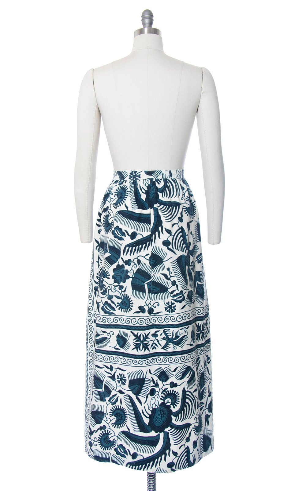 Vintage 1970s Skirt | 70s Floral Bird Batik Print Cotton Button Up Blue Cream Belted High Waisted Boho Maxi Skirt (medium)