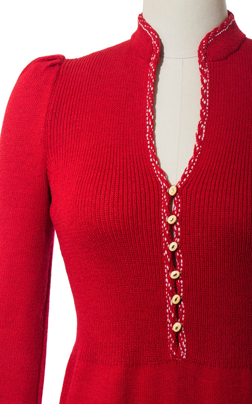 Vintage 1980s Dress | 80s ST JOHN Red Knit Button Up Long Puff Sleeve Day Dress (small/medium)