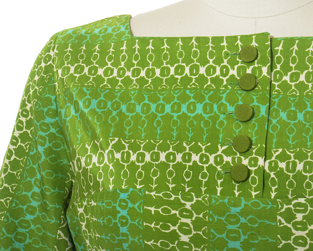 Vintage 1950s | 50s Striped Printed Green Turquoise Rayon Cotton Full Skirt Day Dress (medium)