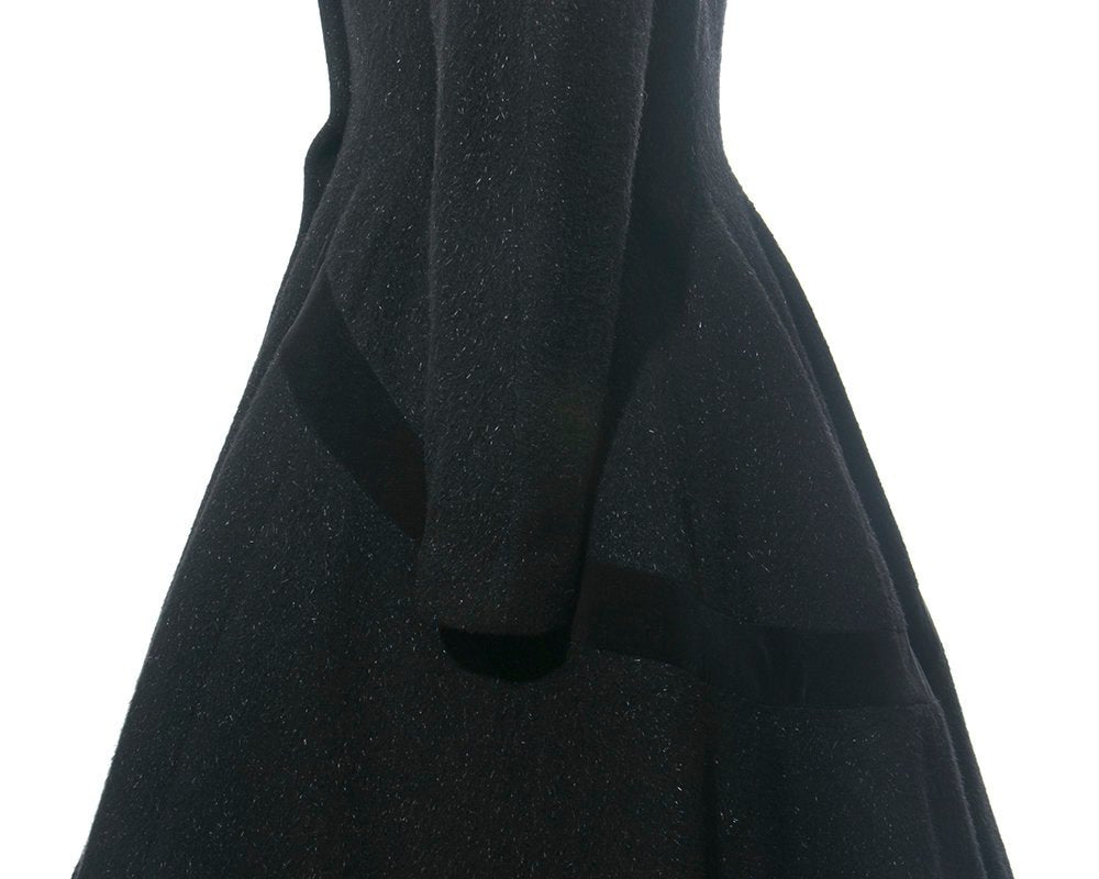 Vintage 1950s Princess Coat | 50s LILLI ANN Black Wool Mohair Velvet Trim Wasp Waist New Look Full Skirt Warm Winter Coat (medium)
