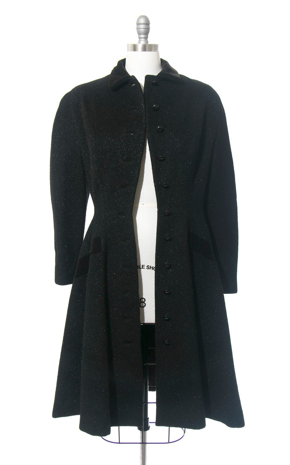 Vintage 1950s Princess Coat | 50s LILLI ANN Black Wool Mohair Velvet Trim Wasp Waist New Look Full Skirt Warm Winter Coat (medium)