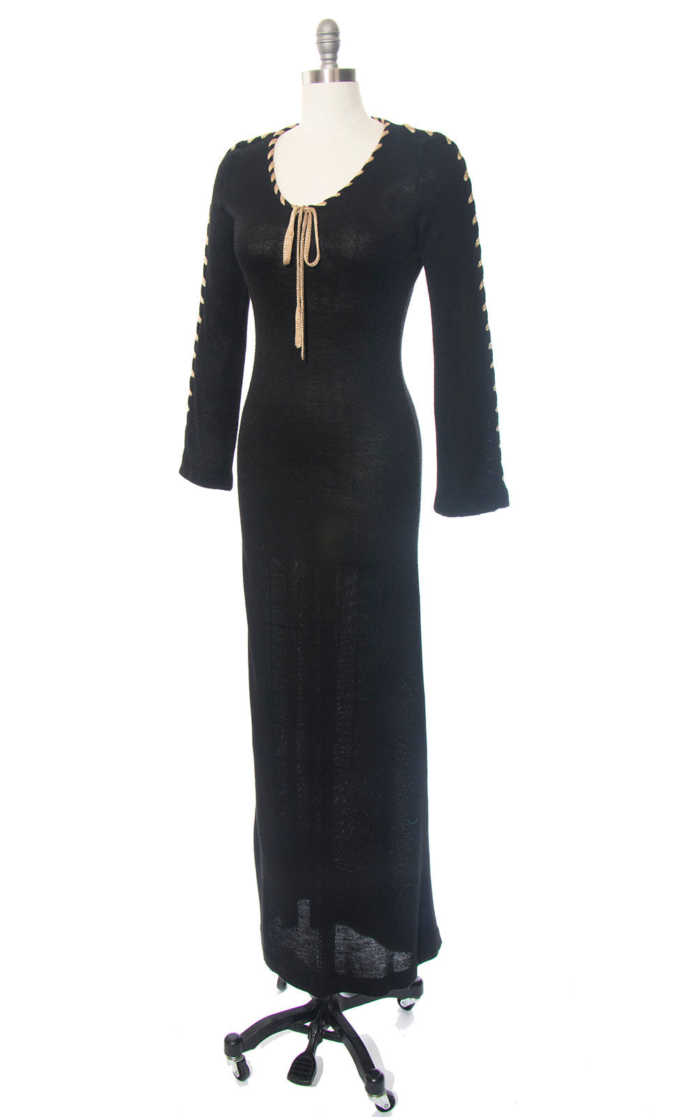 Vintage 1970s Sweater Dress | 70s Black Knit Rayon Acrylic Laced Up Long Sleeve Witchy Maxi Dress (small/medium)