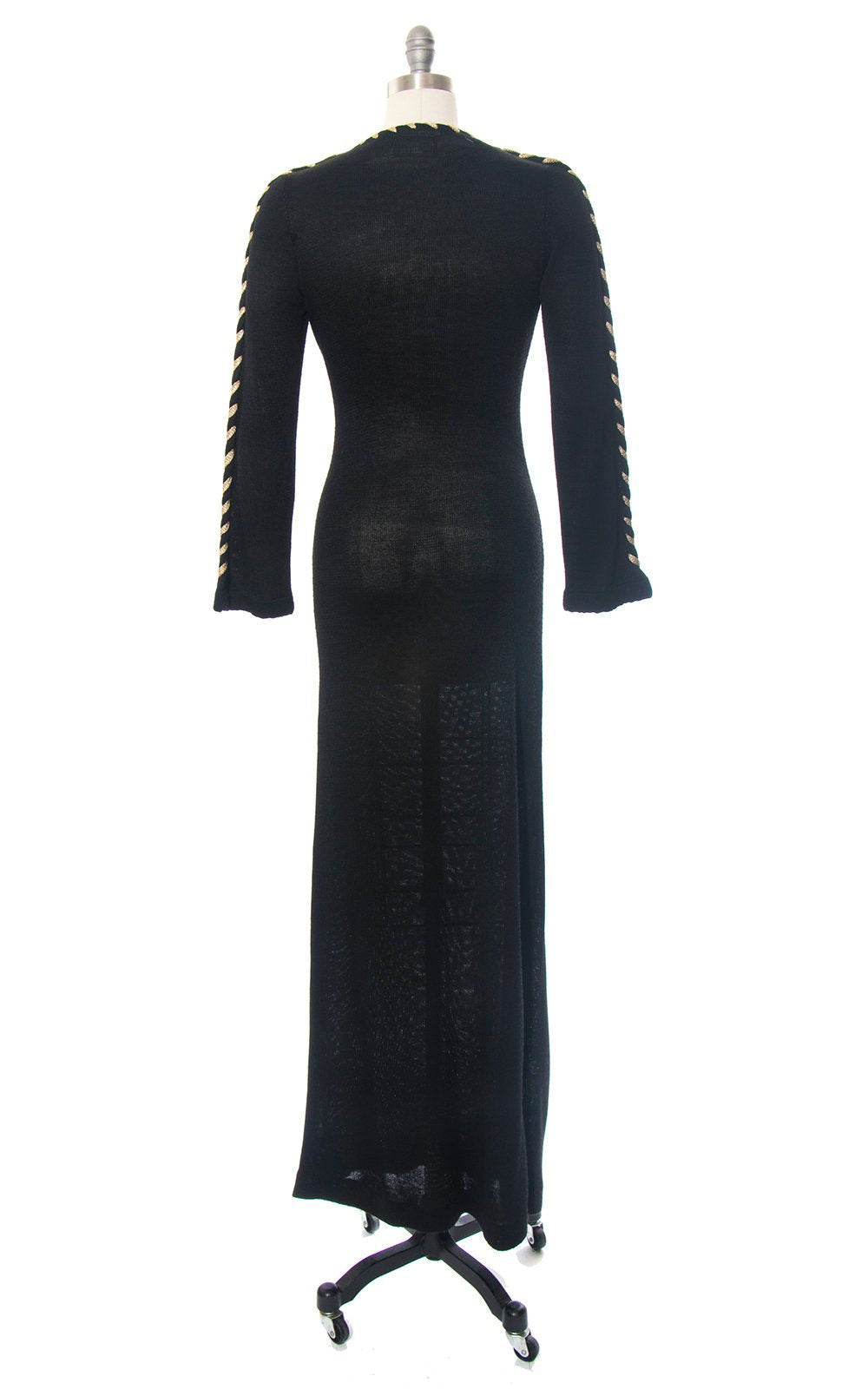 Vintage 1970s Sweater Dress | 70s Black Knit Rayon Acrylic Laced Up Long Sleeve Witchy Maxi Dress (small/medium)