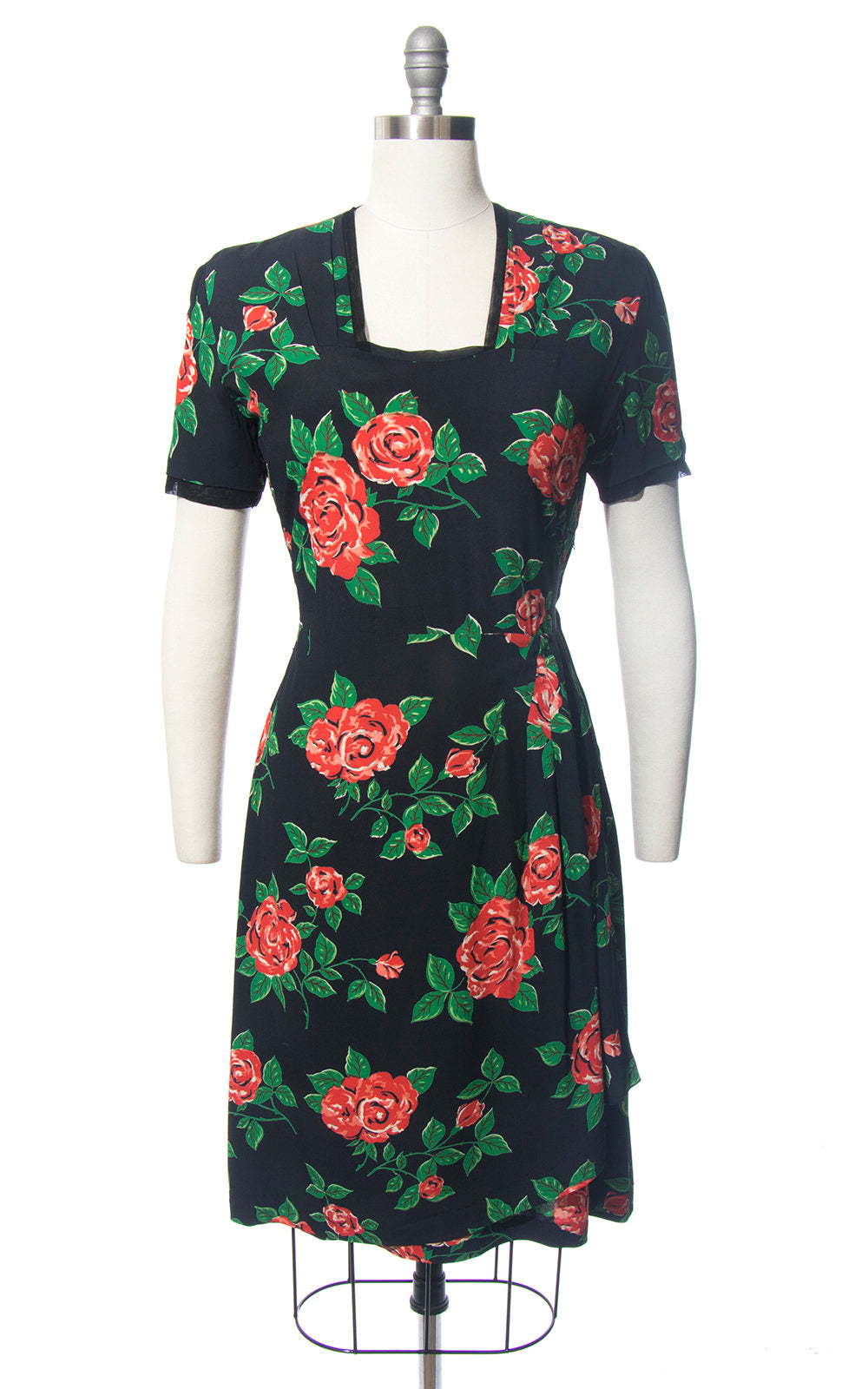 cocktail dress 1940 1940s Red Rose Black Rayon Crepe Cocktail Dress