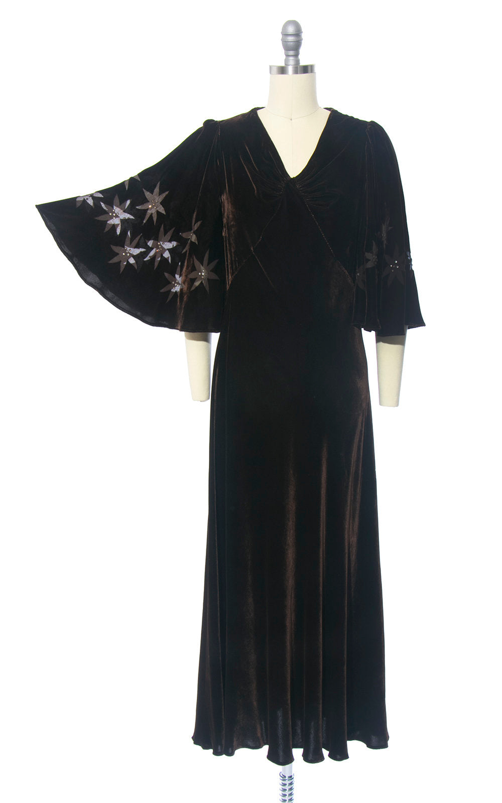 1930s Rhinestone Star Burnout Butterfly Sleeve Brown Silk Velvet Dress Birthday Life Vintage 1930s Rhinestone Star Burnout Butterfly Sleeve Brown Silk Velvet Dress Birthday Life Vintage
