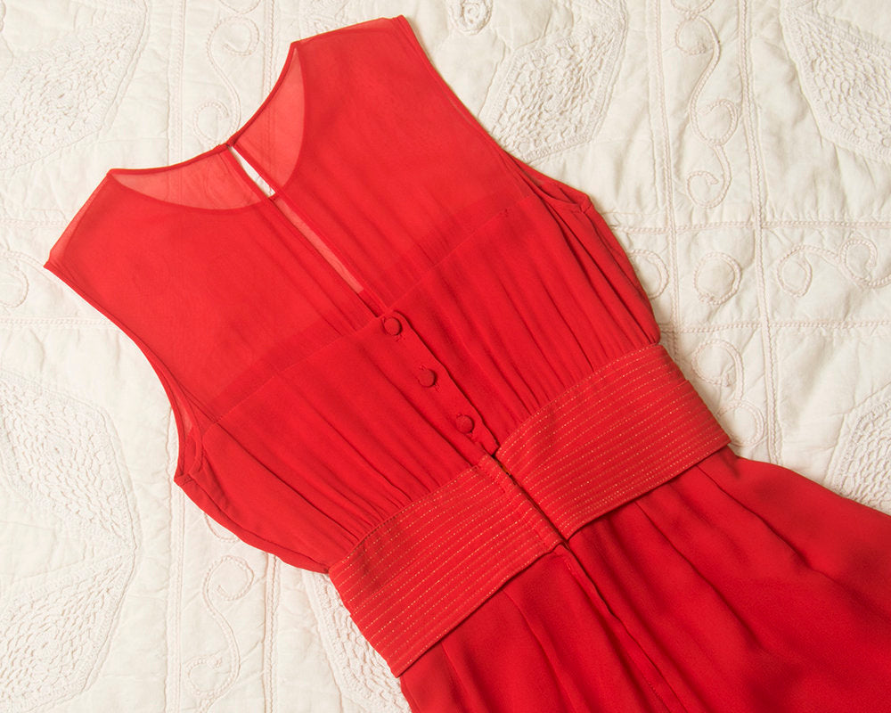 Vintage 1980s Jumpsuit | 80s Red Silk Chiffon Wide Leg Palazzo Pants Gold Stitching Bow Jumpsuit with Pockets (x-small)