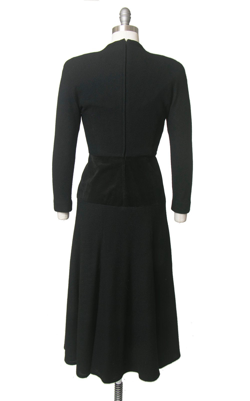 Vintage 1980s Dress | 80s does 1940s Black Wool Suede Long Sleeve Full Skirt Minimalist Midi Dress (small)