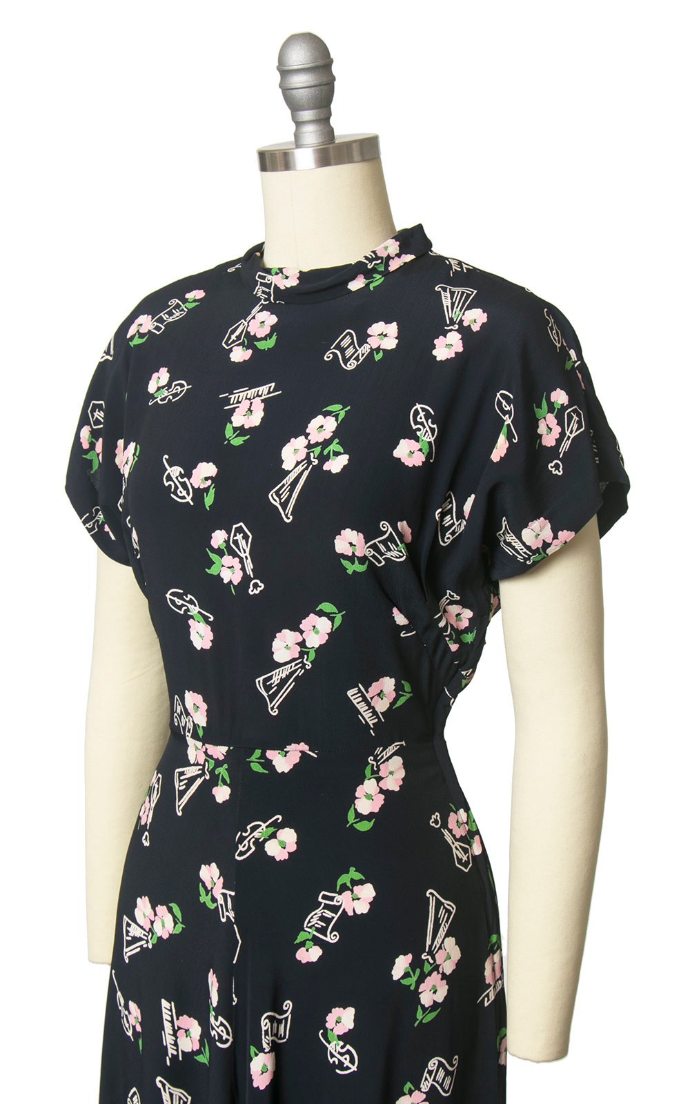 Vintage 1940s Dress | 40s Music Instruments Novelty Print Floral Rayon Crepe Navy Blue Cocktail Dress (small)