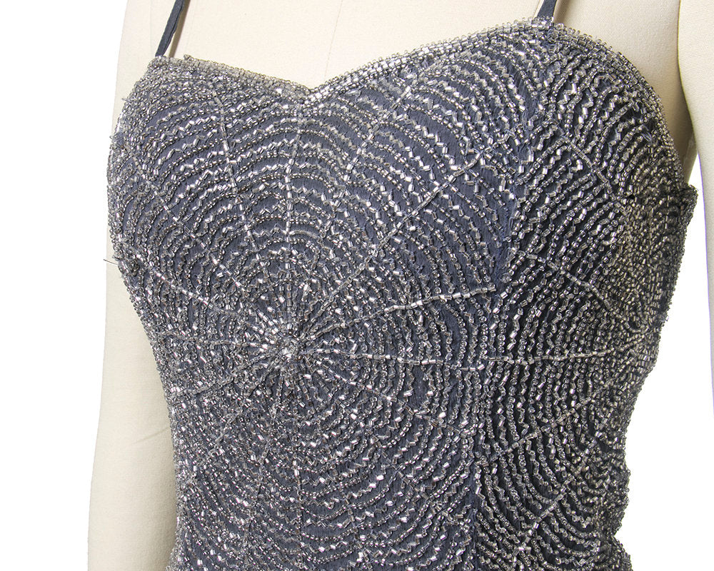 Vintage 1980s Tank Top | 80s Spiderweb Beaded Indian Silk Chiffon Spaghetti Strap Novelty Party Blouse (x-small/small)