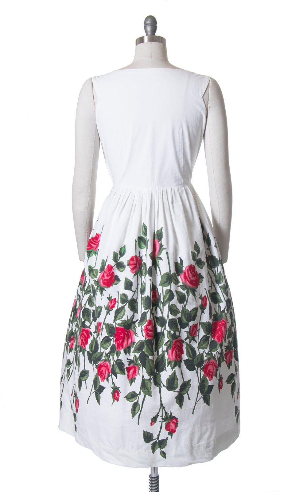 Vintage 1950s Dress | 50s Rose Floral Border Print Cotton Sundress Floral Appliqué White Red Full Skirt Day Dress (medium)