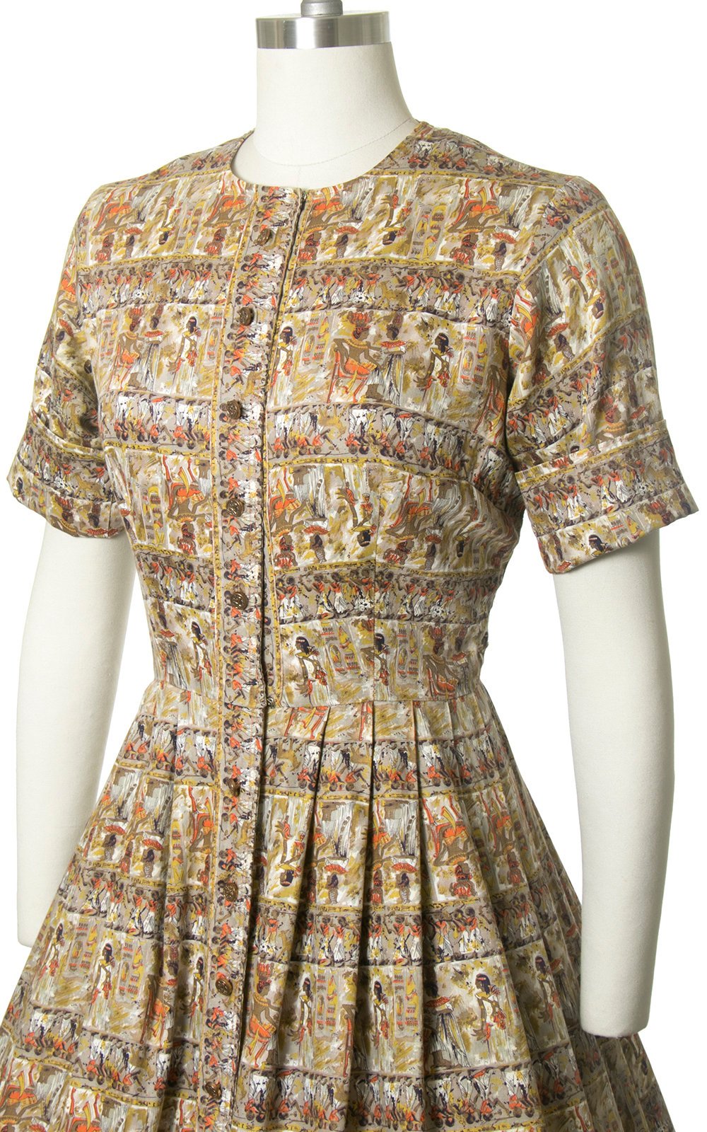 Vintage 1950s Dress | 50s Egyptian Novelty Print Cotton Shirt Dress Full Skirt Shirtwaist Day Dress (medium)