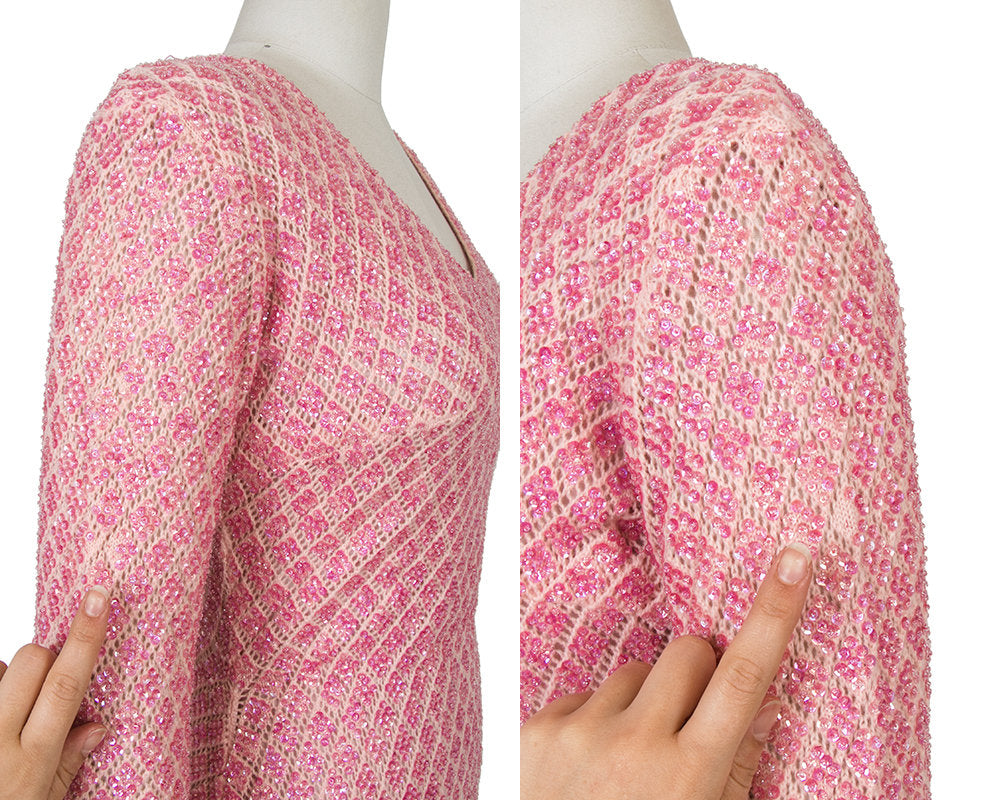 Vintage 1960s Sweater Dress | 60s Pink Iridescent Sequin Beaded Knit Wool Full Length Formal Evening Party Gown (medium/large)