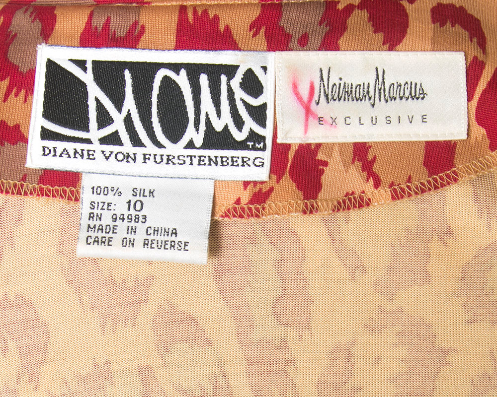 Vintage 1990s Dress | 90s DIANE VON FURSTENBERG Leopard Print Silk Jersey Knit Red Animal Print Wrap Dress (small/medium)