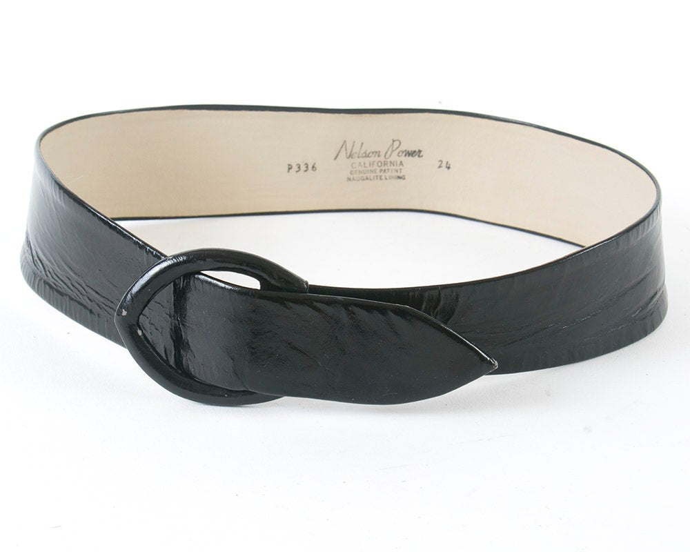 Vintage 1960s Cinch Belt | 60s Black Patent Leather Look Vinyl Wide High Waist Belt (small)