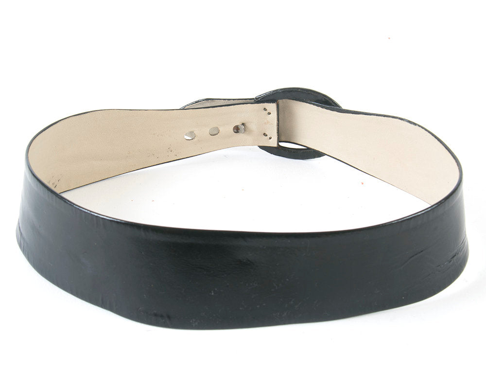 Vintage 1960s Cinch Belt | 60s Black Patent Leather Look Vinyl Wide High Waist Belt (small)