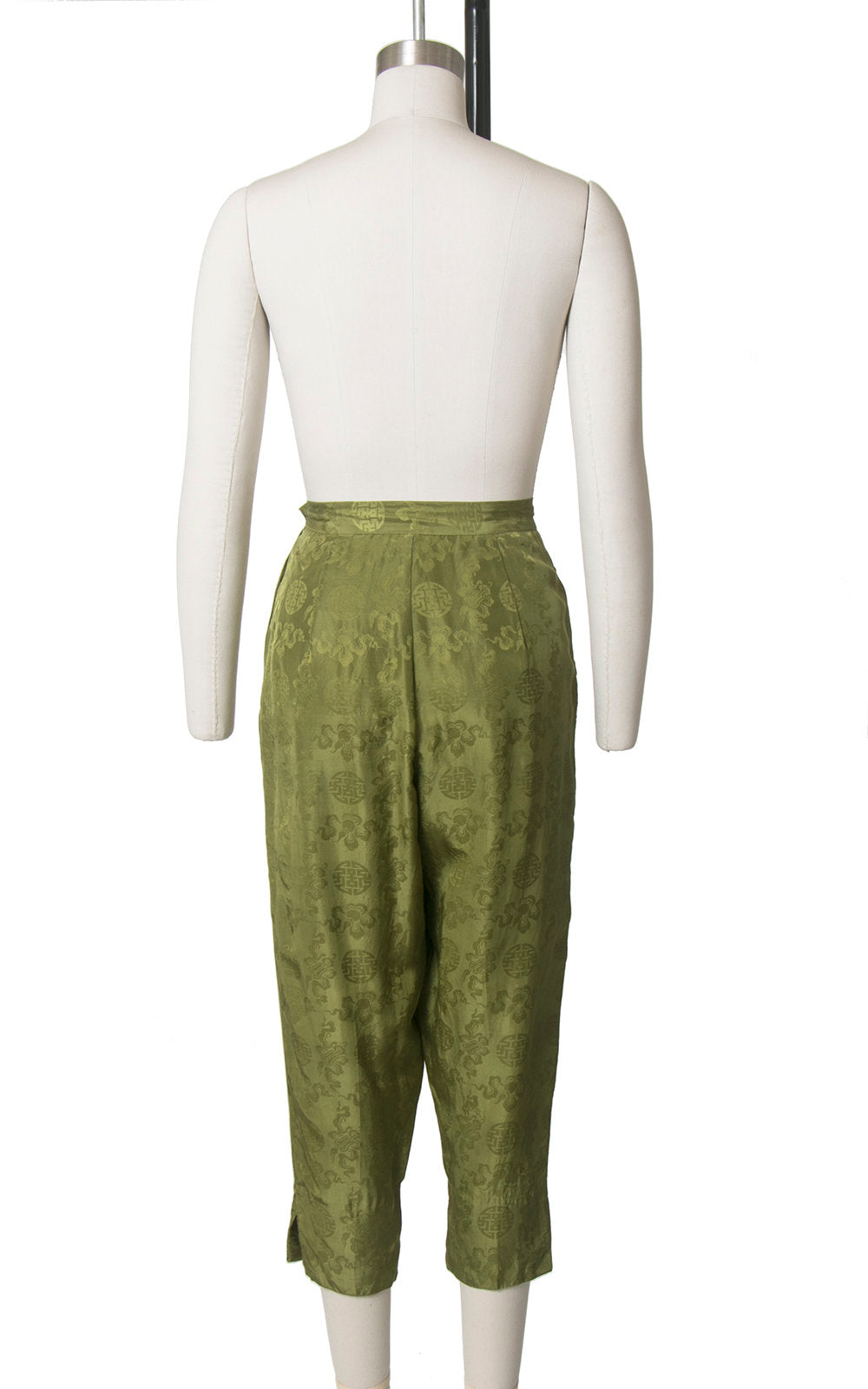 Vintage 1950s 1960s Capri Pants | 50s 60s Silk Asian Jacquard Olive Green High Waisted Cigarette Pants (small)