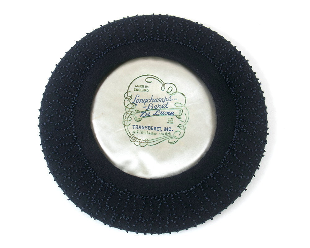 Vintage 1940s 1950s Hat | 40s 50s French Knot Beret Navy Blue Wool Tam