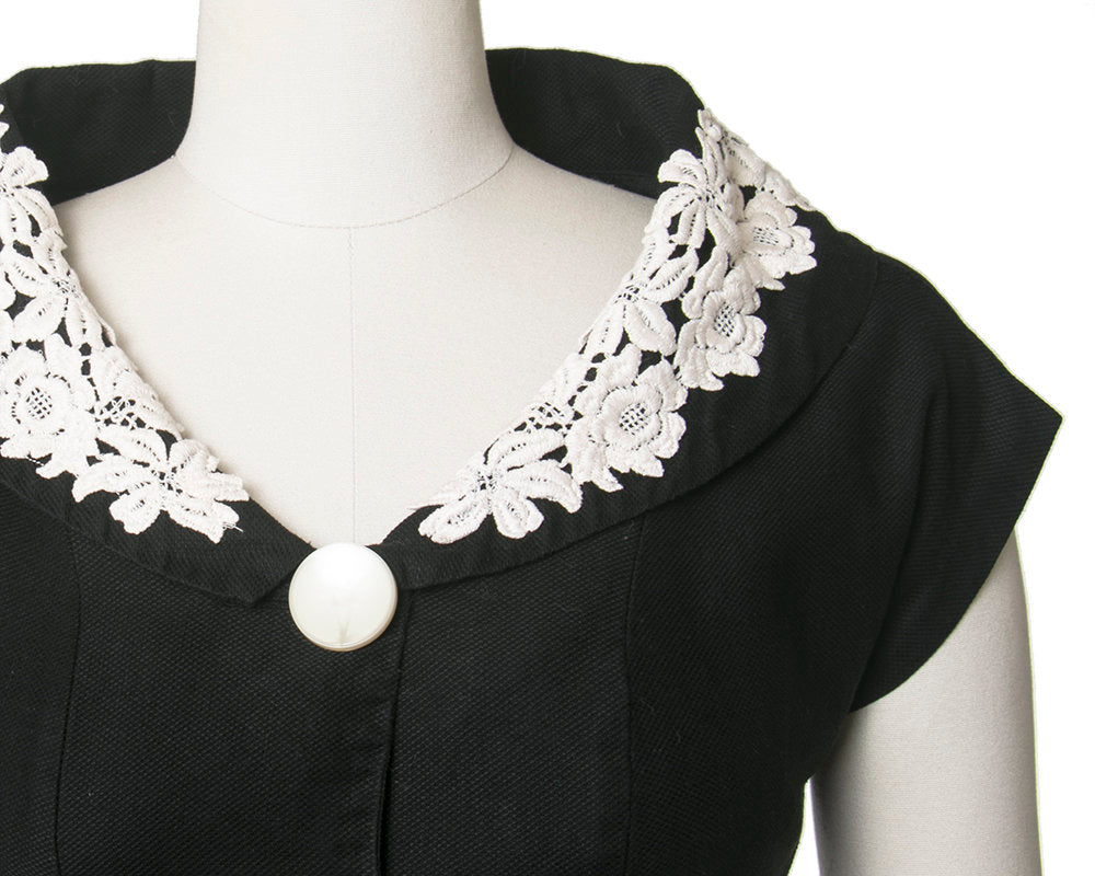 Vintage 1950s Dress | 50s Black Cotton Shirt Dress White Lace Shawl Collar Big Button Down Full Skirt Shirtwaist Day Dress (medium)