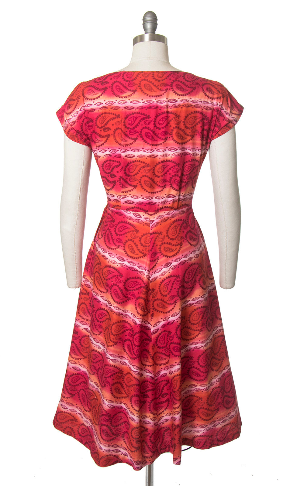 Vintage 1950s Dress | 50s Paisley Striped Cotton Rhinestones Red Orange Full Skirt Day Dress (medium)