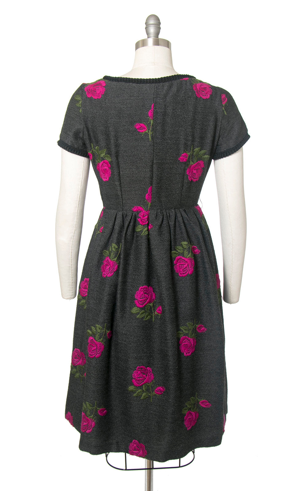 Vintage 1950s Dress | 50s Rose Floral Embroidered Wool Grey Gray Full Skirt Day Dress (medium)