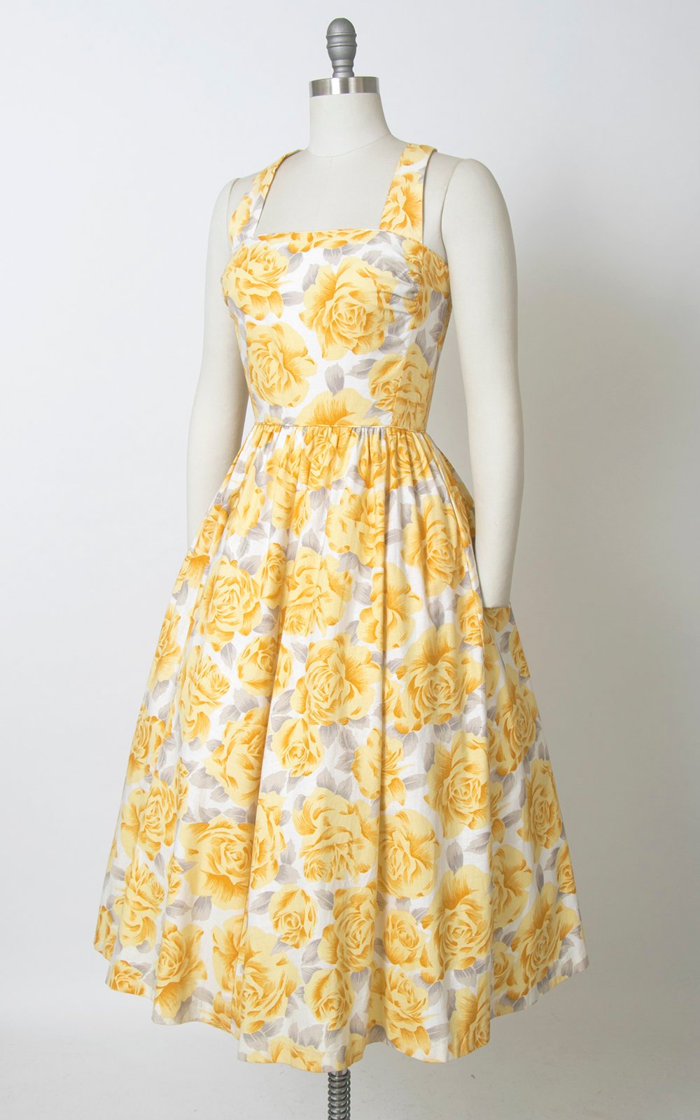 Vintage 1980s does 50s Sundress | 80s LANZ Rose Floral Print Cotton Yellow White Midi Day Dress with Pockets (small)