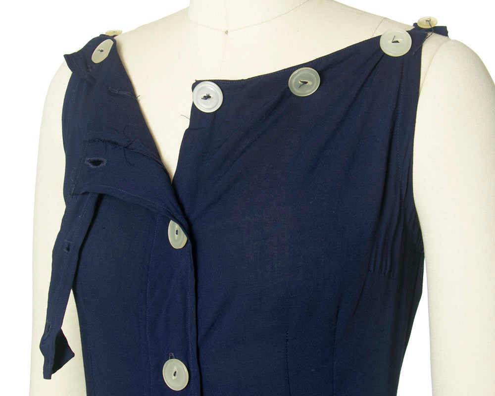 Vintage 1950s Dress | 50s Navy Blue Cotton Sundress Button Up Wiggle Sheath Day Dress (small)