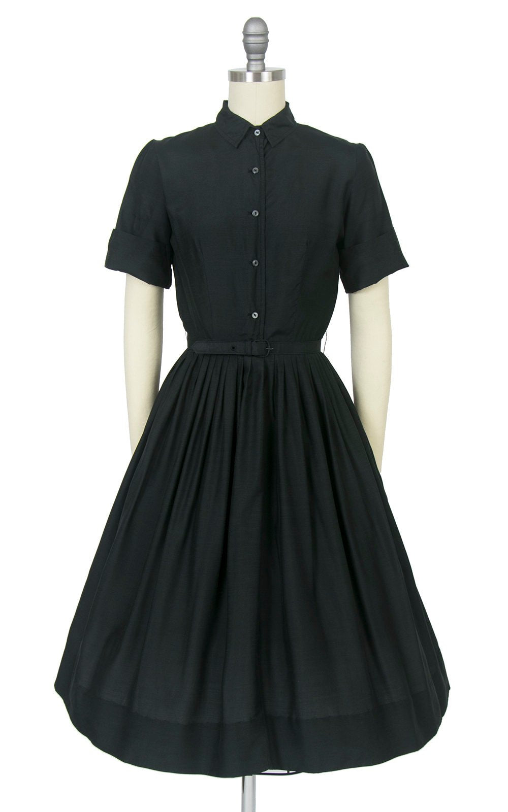 1950s Silk Black Belted Shirt Dress | x-small Birthday Life Vintage 1950s Silk Black Belted Shirt Dress | x-small Birthday Life Vintage
