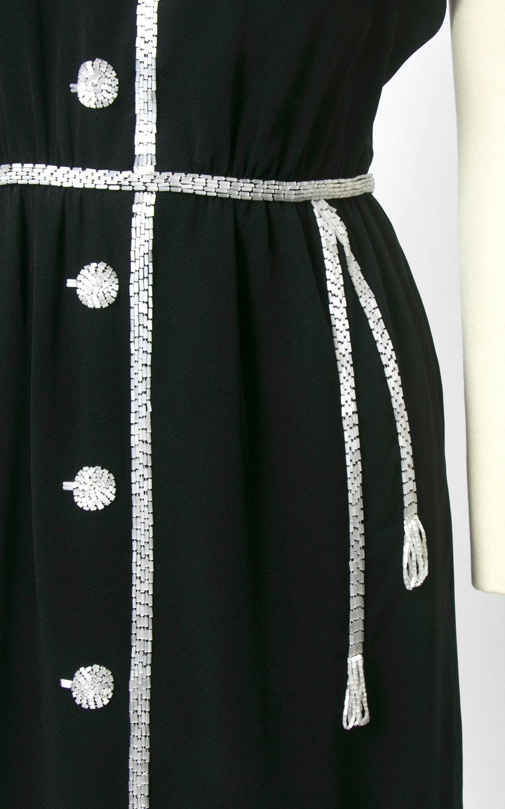 Vintage 1960s Dress | 60s Trompe L'Oeil Beaded Rayon Crepe Black Faux Shirtwaist Sheath Cocktail Party Dress (small)