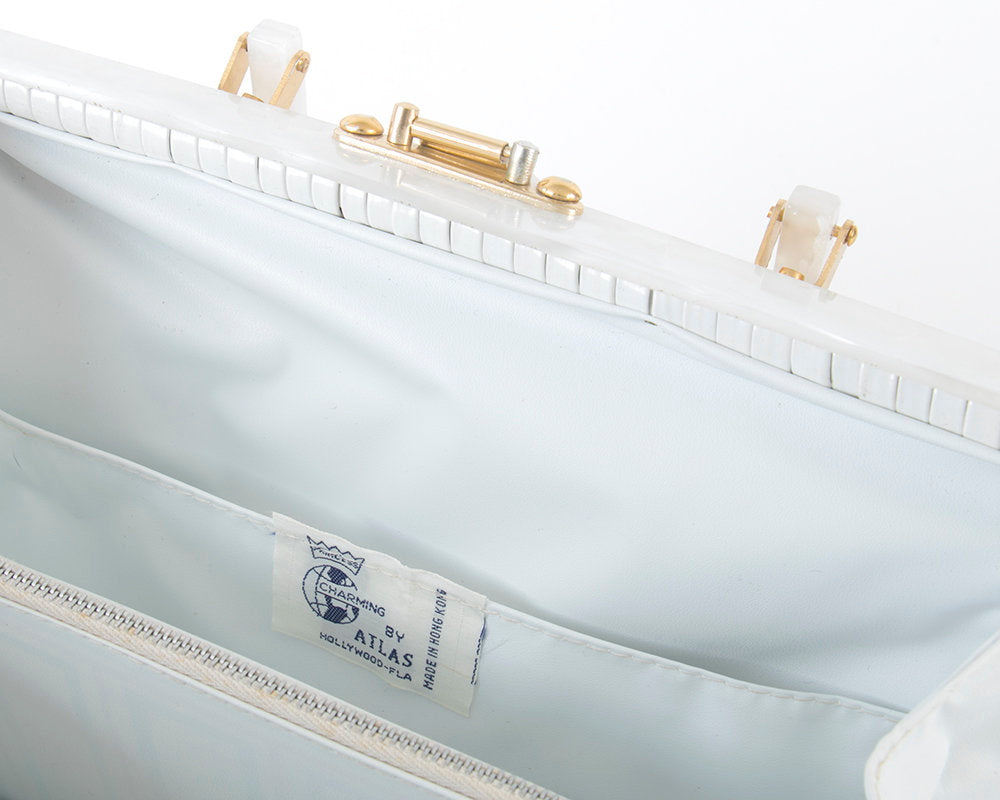 Vintage 1960s Box Purse | 60s ATLAS Equestrian Horse Racing Novelty White Lucite Wicker Handbag