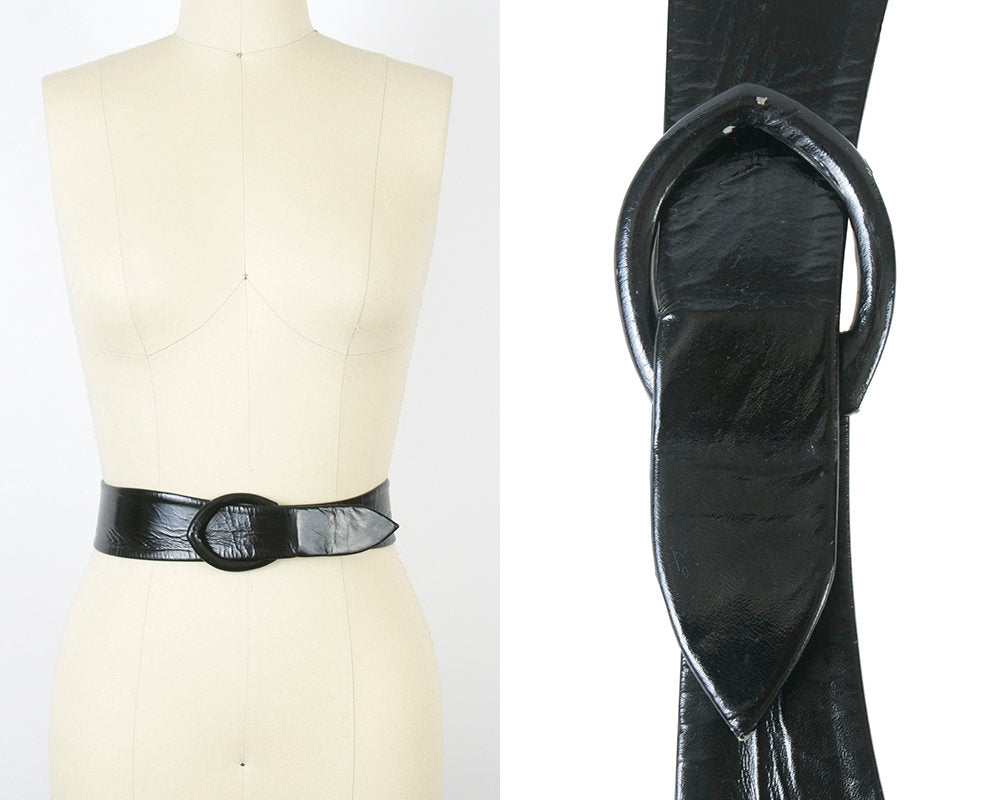 Vintage 1960s Cinch Belt | 60s Black Patent Leather Look Vinyl Wide High Waist Belt (small)