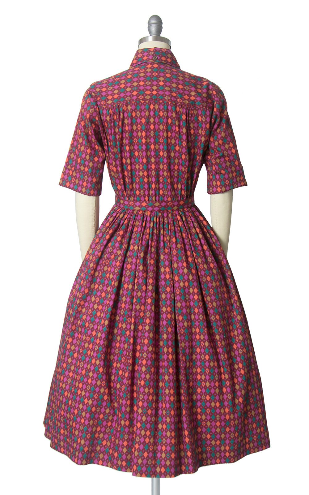 Vintage 1950s Dress | 50s Harlequin Printed Cotton Shirt Dress Full Skirt Shirtwaist Day Dress (small)