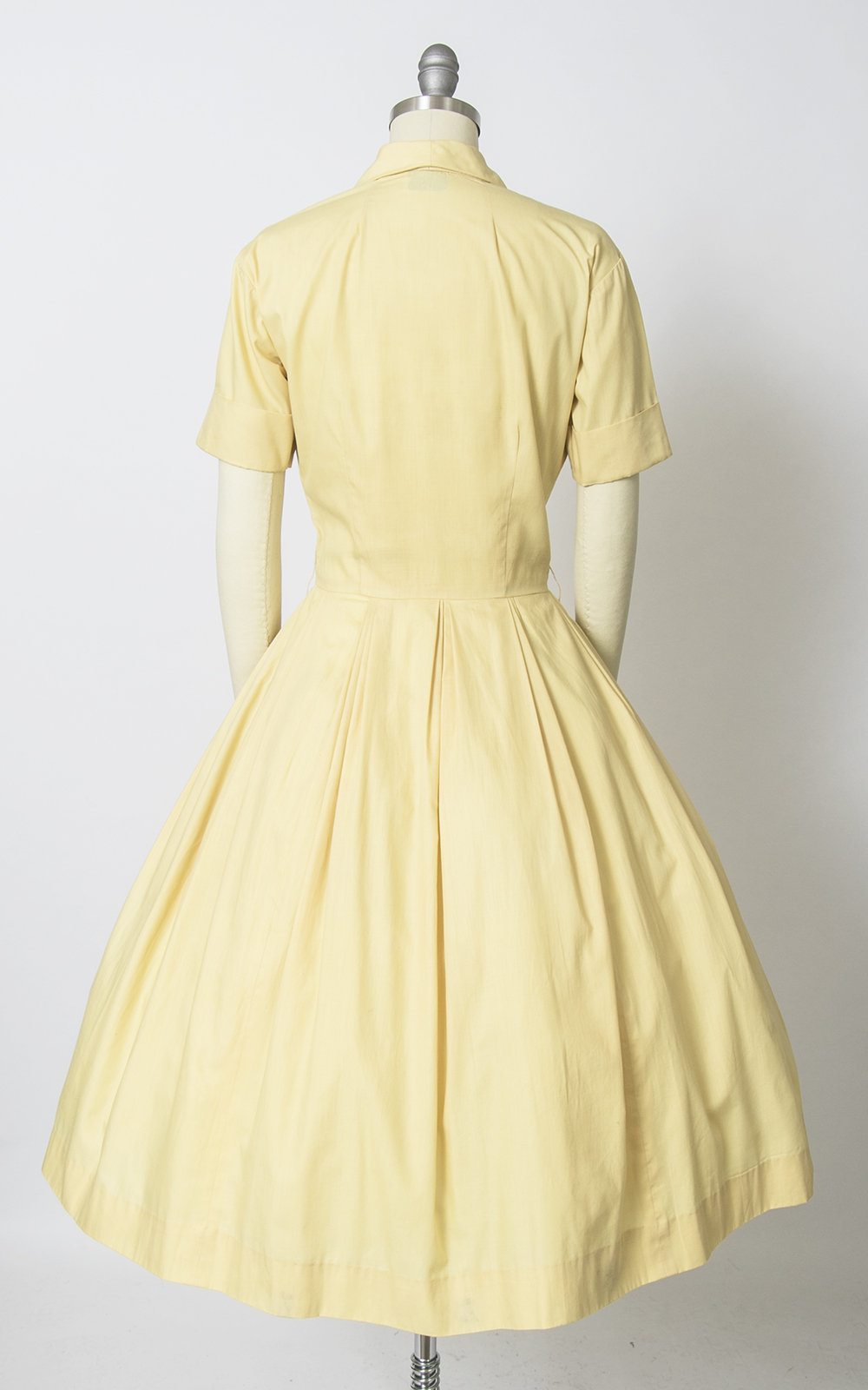 Vintage 1950s Dress | 50s Light Pastel Yellow Cotton Shirt Dress Full Skirt Shirtwaist Day Dress (small)
