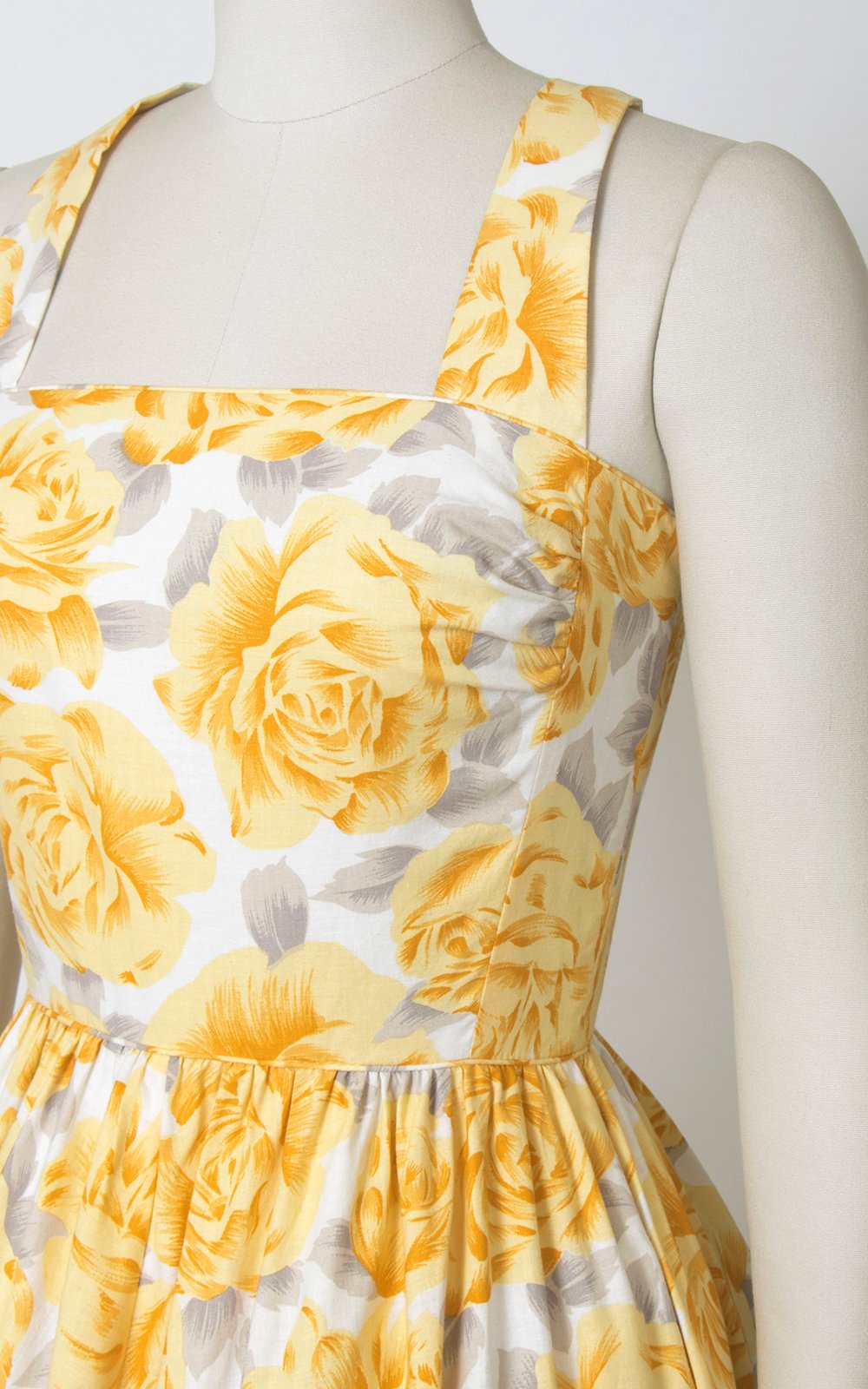 Vintage 1980s does 50s Sundress | 80s LANZ Rose Floral Print Cotton Yellow White Midi Day Dress with Pockets (small)