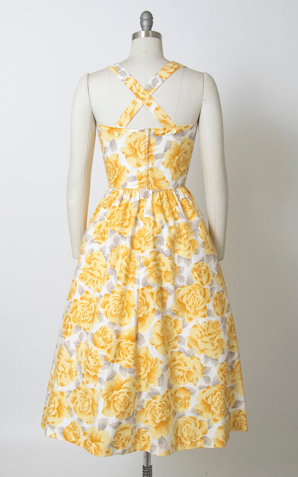 Vintage 1980s does 50s Sundress | 80s LANZ Rose Floral Print Cotton Yellow White Midi Day Dress with Pockets (small)