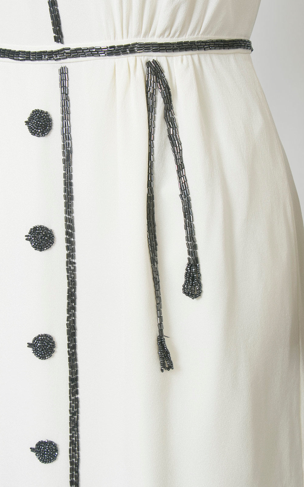 Vintage 1960s Dress | 60s Trompe L'Oeil Beaded Rayon Crepe White Faux Shirtwaist Sheath Cocktail Party Dress (medium)