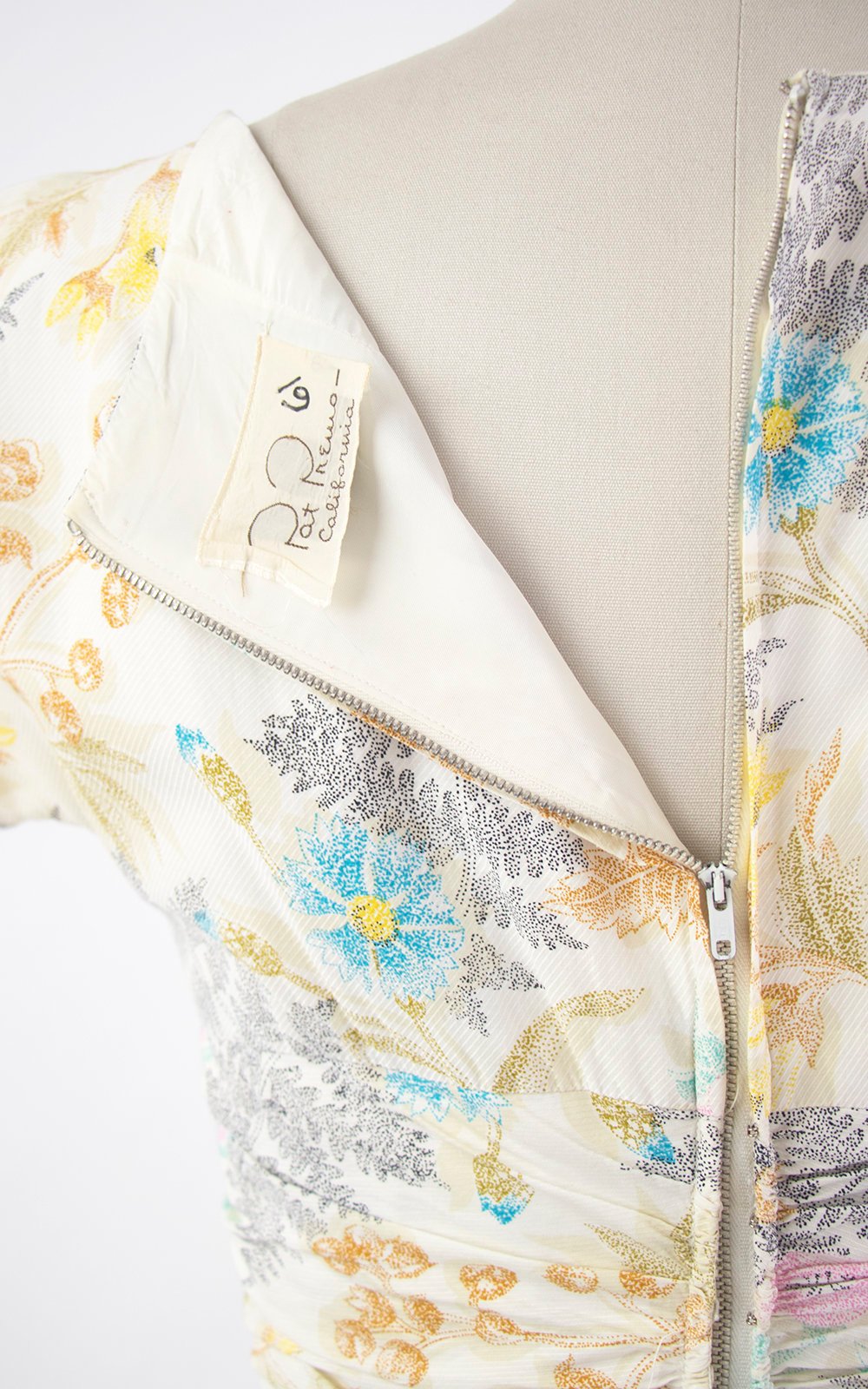 Vintage 1950s Dress | 50s PAT PREMO Fern Floral Print Cotton Circle Skirt Cream Pleated Drop Waist Day Dress (medium)