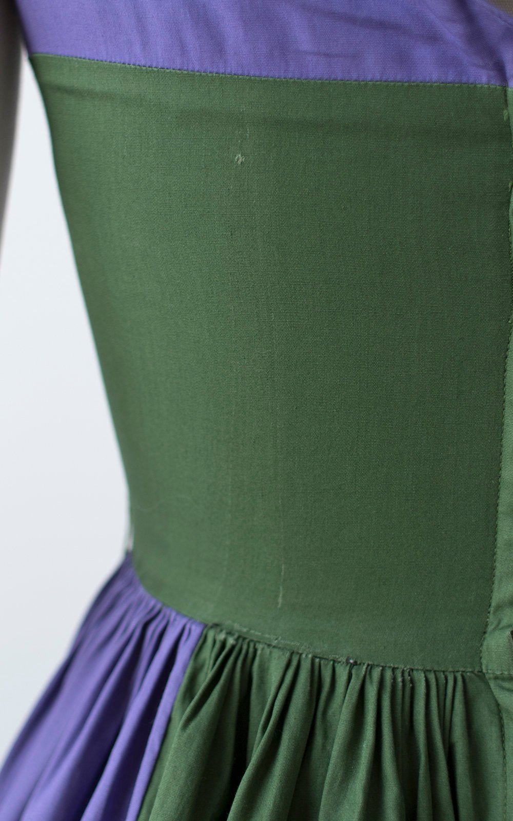 Vintage 1950s 1960s Dress | 50s 60s Color Block Cotton Purple Green Full Skirt Fit and Flare Day Dress (small)