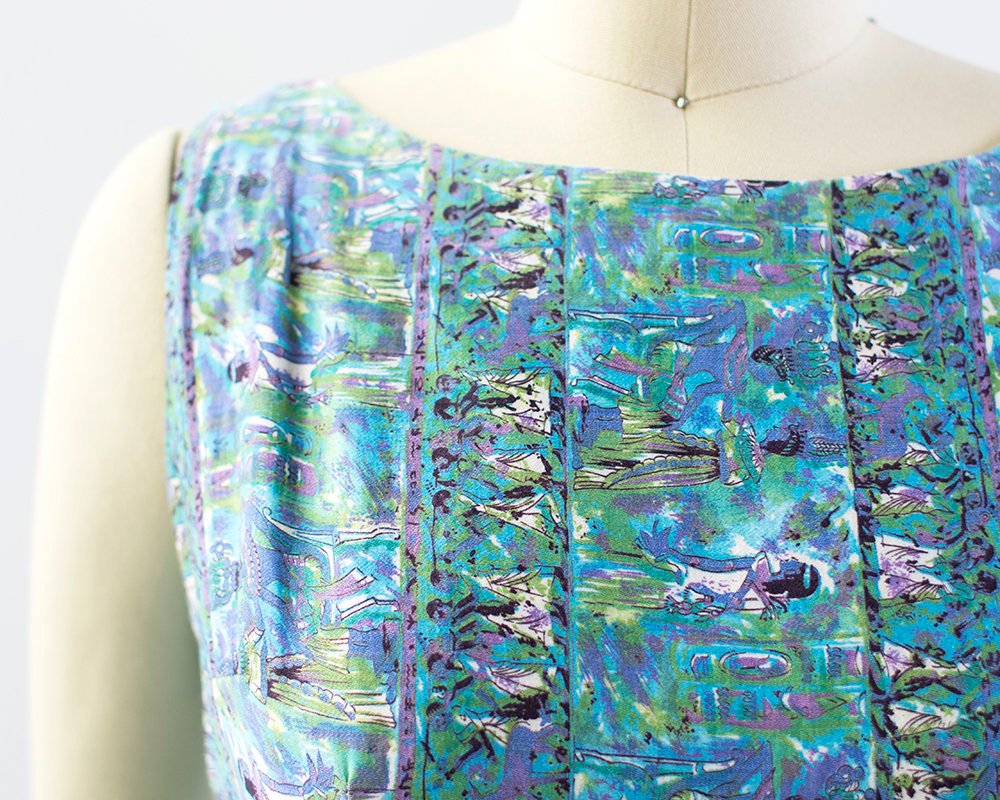 Vintage 1950s Dress | 50s Egyptian Novelty Print Cotton Sundress Blue Full Skirt Day Dress (x-small/small)